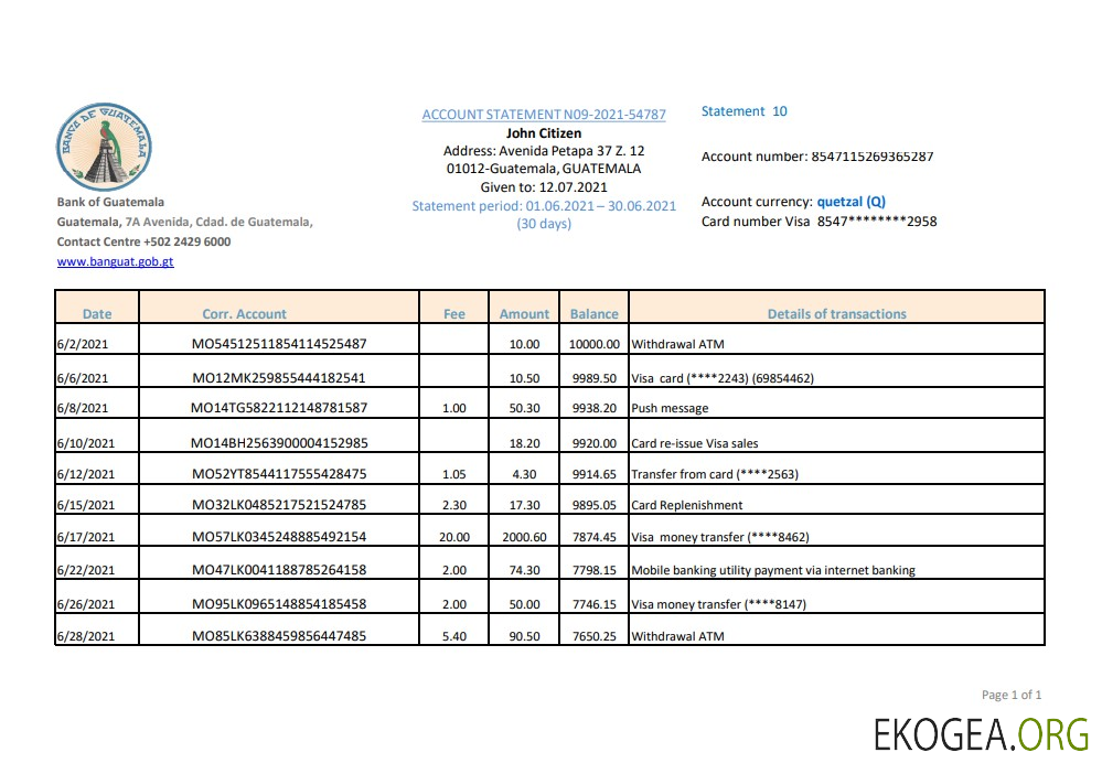 Guatemala Relevé bancaire de Banco de Guatemala modèle facile à remplir au format Excel et PDF